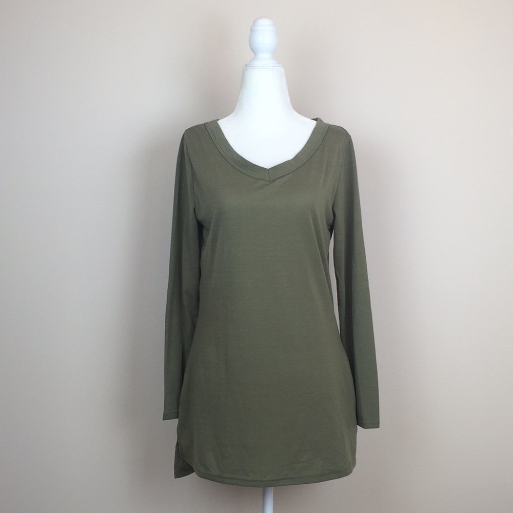 Allegra K - Long Sleeve V-Neck Tee w/ Pockets